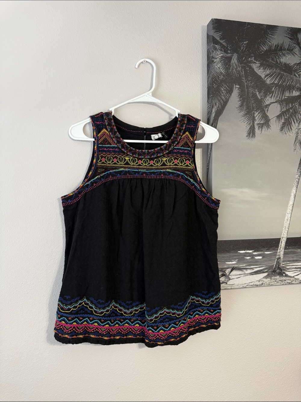Anthropologie Black Embroidered Tank with Bright Multicolor Stitching